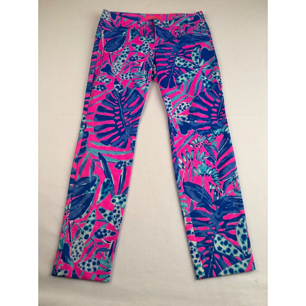 Lilly Pulitzer Kelly‎ Ankle Pants Pink Blue Tropical Monstera Leaf Print Size 6
